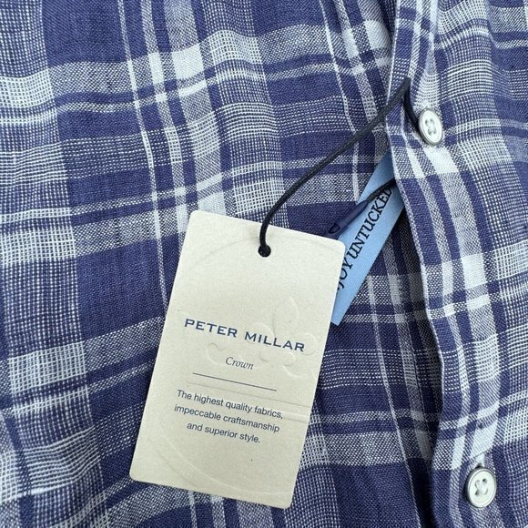 Peter Millar Crown Crafted XL Men's Long Sleeve Button Down Plaid Linen‎ Shirt - Picture 2 of 9
